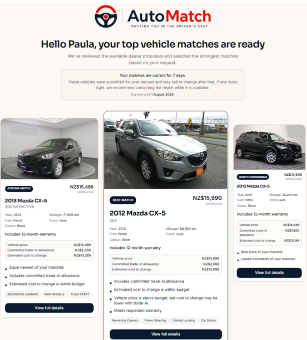 Buyer results page showing the top three vehicle matches side by side.