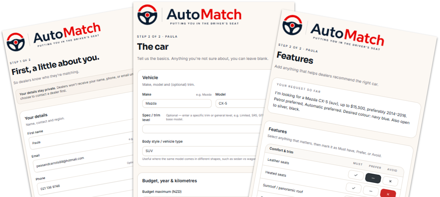 Buyer request form on AutoMatch — details, vehicle and features steps.